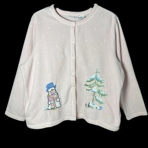 Blair Women’s 2X Powder Pink Fleece Snowman Holiday Cardigan Pockets